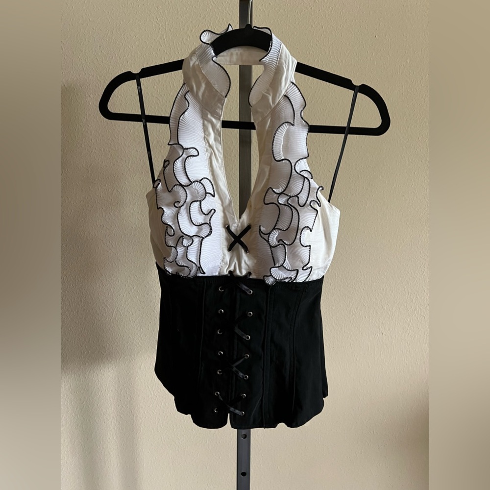 vintage black and white lace up corset top